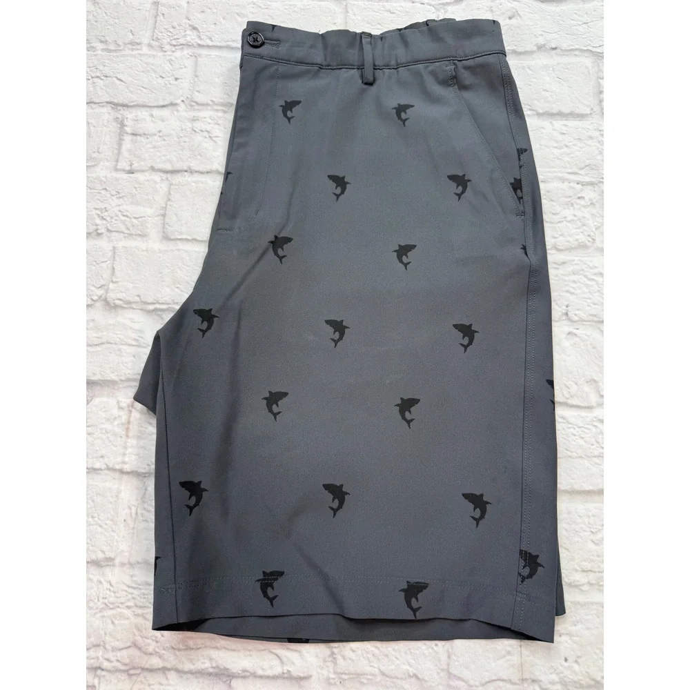 Greg Norman Golf Shorts Mens 38 Grey Excellent Shark Print Performance Stretch
